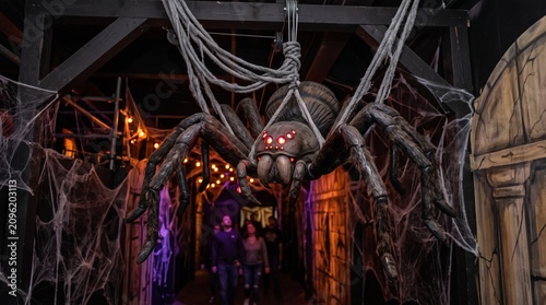 Giant animatronic spider descends into a spooky haunted attraction hallway
