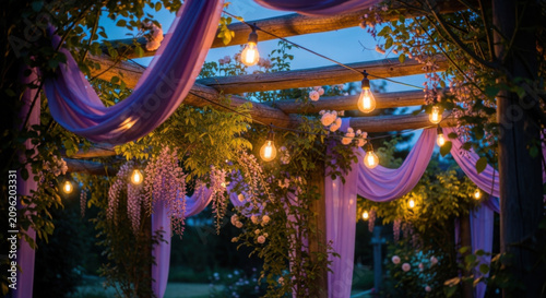 Enchanting Outdoor Pergola With Drapes And String Lights Ambiance