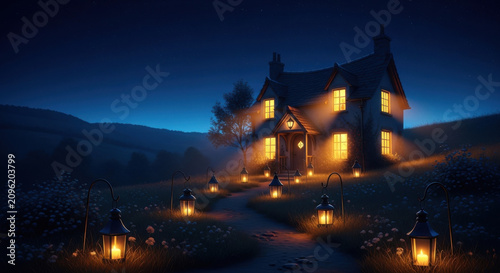 Enchanting Pastoral Cottage Aglow With Lanterns At Dusk