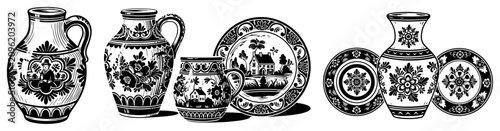 Foto Decorative ceramic pottery jugs and plates with floral folk patterns in engravin