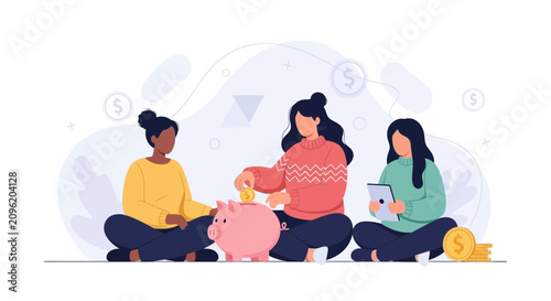 Diverse group of women saving money together, illustrating financial planning and investment concepts with a piggy bank and tablet.