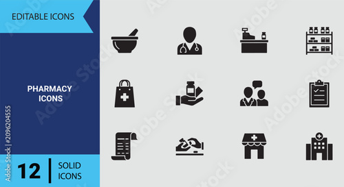 Obraz na plátně Pharmacy Icons Solid Icon Set for Local Drugstore Signage and Medical Supplement