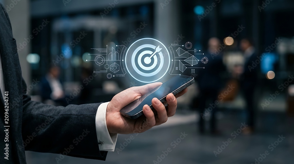 Obraz premium Professional holding modern phone with business success target interface