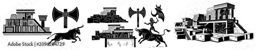 Fotografía Ancient Minoan civilization scenes with bull leaping and ruins in woodcut style