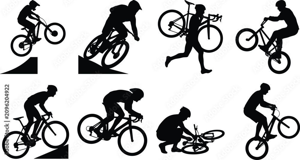 Obraz premium Cyclist action poses and bicycle riding silhouette vector set