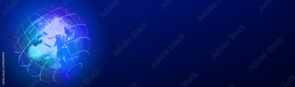 Naklejka premium Abstract neon globe sphere with halftone dots map, digital vector background. Global network concept with earth surface with glowing data points, lines across continents, futuristic tech visualization