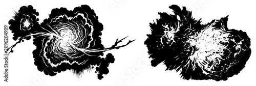 Konstfotografi Explosion smoke clouds and blast effects in dynamic black ink sketch style