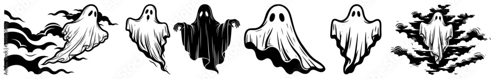 Φωτογραφία Spooky white ghost characters in various flying poses for Halloween in engraving