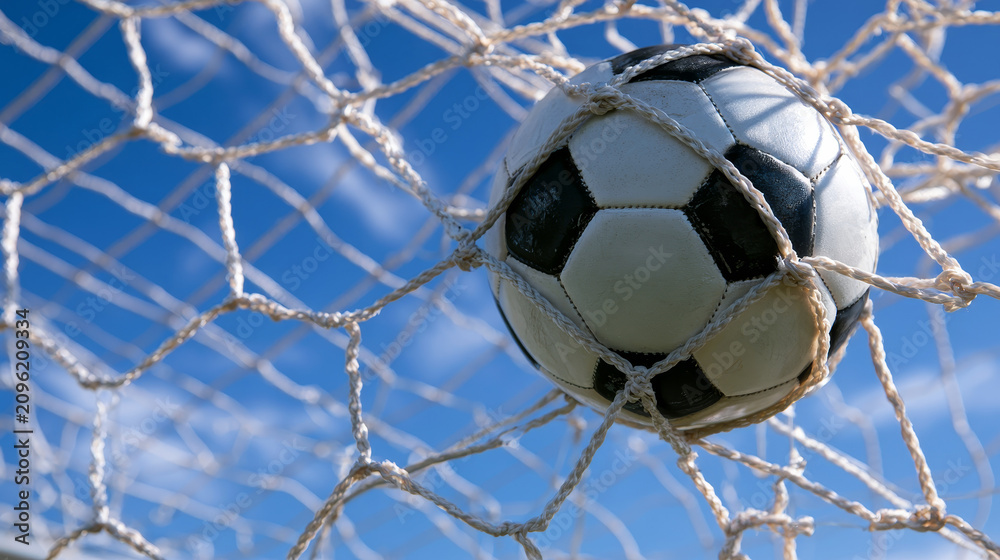 Naklejka premium a football ball hitting the net of the goat with strength
