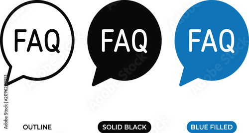 Canvas-taulu Three distinct faq speech bubble vector graphic icons displaying outline solid b