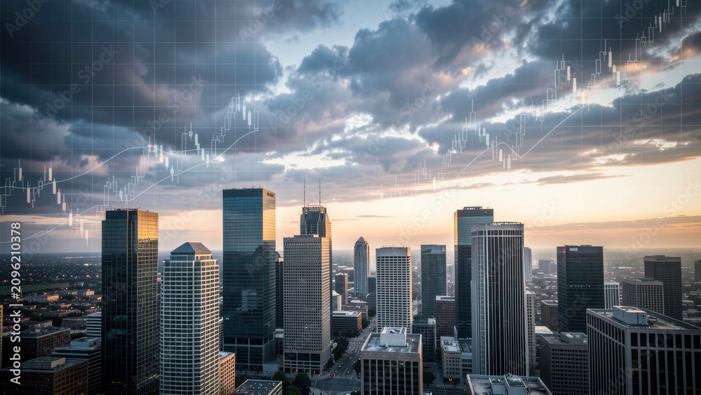 Fototapeta premium dramatic modern city skyscrapers at dusk overlooked from height conveying financial uncertainty with sophisticated architectural background