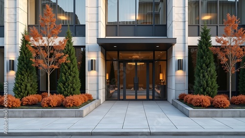 Symmetric modern stone building entrance with autumn foliage and glass front doors