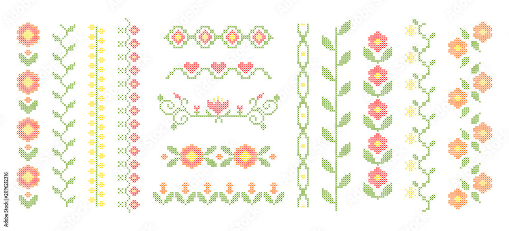 Obraz premium Cross stitch floral border with embroidery pattern, seamless pixel art design. Vector botanical folk motif, red spring flowers and green leaves on white background. Abstract geometric frame elements