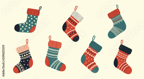 Selection of colorful patterned Christmas stockings for holiday gifts including designs with polka dots, stripes, and ethnic motifs.
