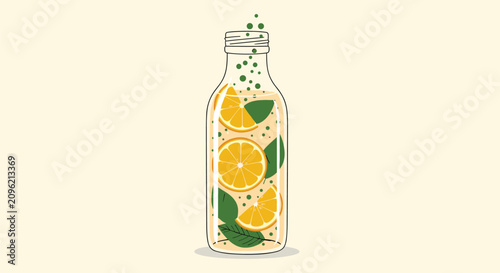 Glass bottle of refreshing orange infused water with green mint leaves and bubbles on light yellow background.