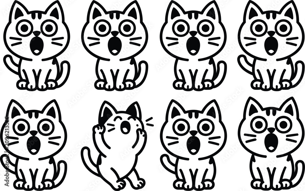Fototapeta premium Set of surprised kittens line art drawing. vector. illustration