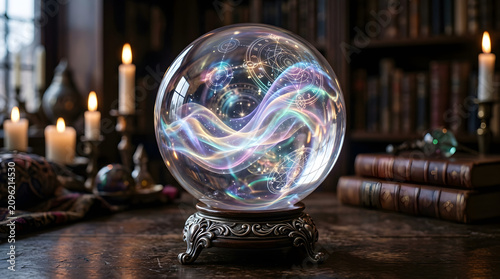 Crystal orb emitting iridescent smoke waves sits on a table surrounded by glowing candles and old books.