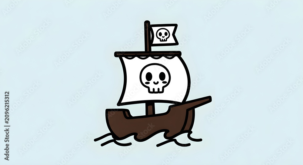 Naklejka premium Cartoon pirate ship with skull flag and sail - simple vector illustration