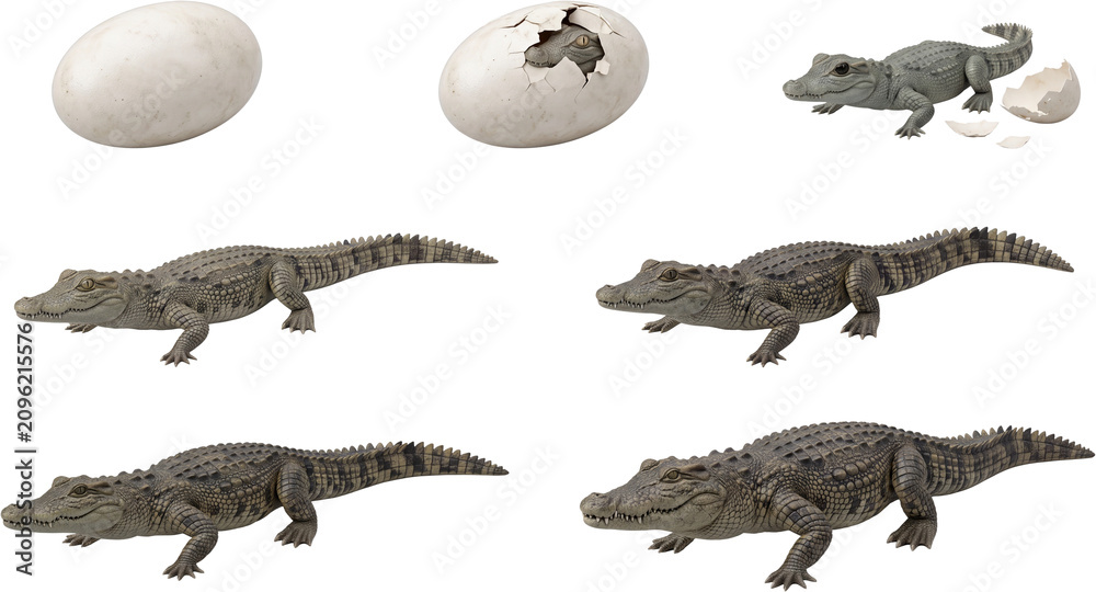 Fototapeta premium Life cycle stages of a crocodile from egg hatching to adulthood