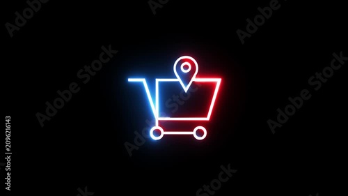 Neon shopping cart icon with glowing location pin marker animation on dark black background.