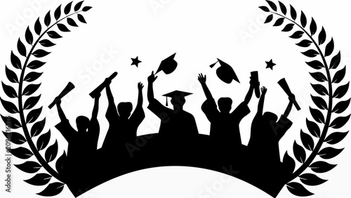 Foto Graduation crowd silhouette with laurel wreaths and celebratory caps a bold blac