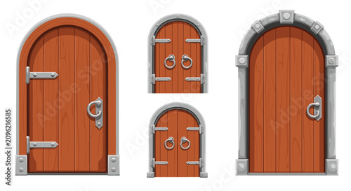 Medieval arched wooden doors with stone frames, iron hinges, and decorative metal door handles shown in various sizes.