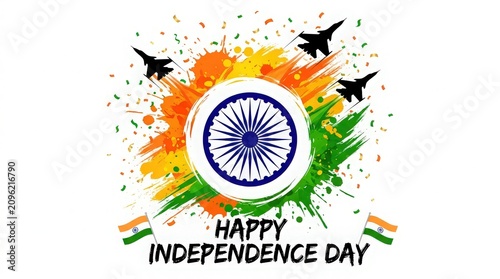 Indian independence day celebration graphic with air force jets and national flag