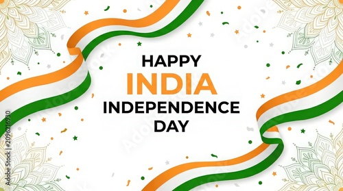Festive indian independence day graphic with waving flag and ornamental floral design