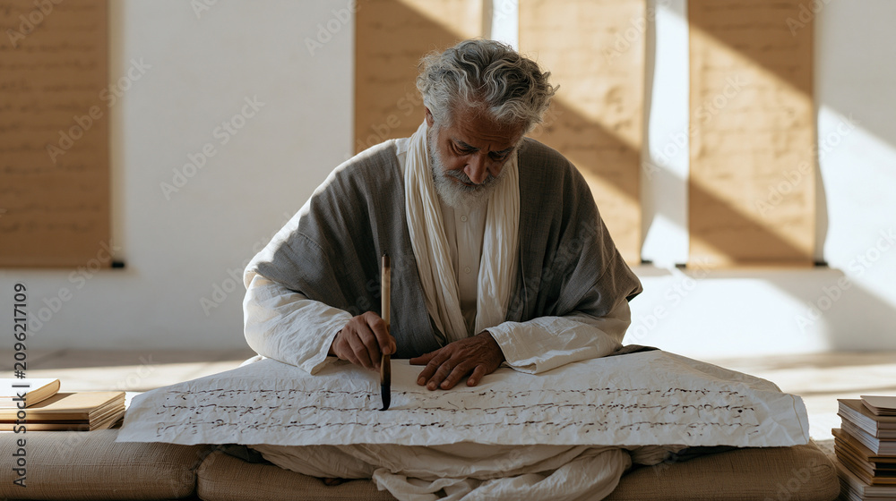 Fototapeta premium Iranian master calligrapher sits on cushioned floor beneath natural skylight, brush loaded with ink poised above stretched paper, partially completed ceremonial text visible,