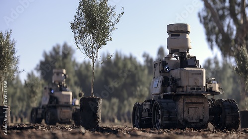 Small automated robots planting young trees in a field