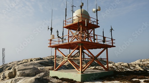 Orange metal communications tower with antennas standing on a rocky mountain peak top