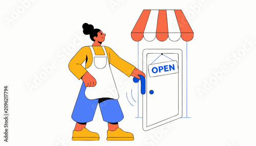 Flat vector illustration of a small business owner opening their shop.eps