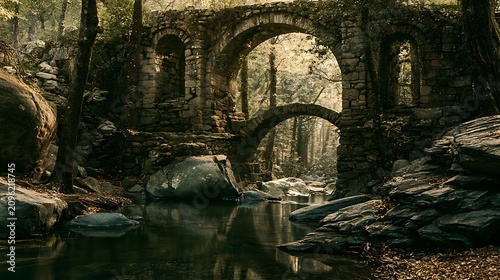 Old stone ruins with arches in a peaceful green forest