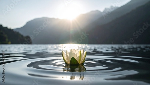 Beautiful white water lily floating on calm lake water with ripple effect and sun shining over mountains