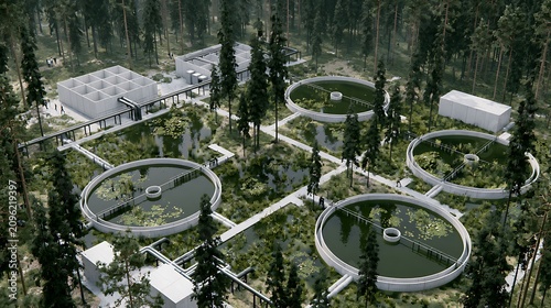 Aerial view of a wastewater treatment plant with circular sedimentation tanks in a forest