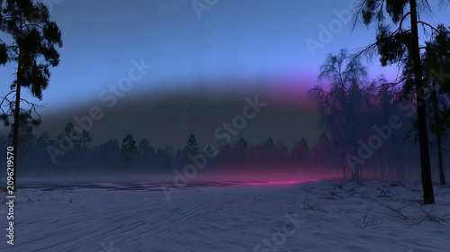 Dark moody winter forest landscape with purple sunset light and thick fog at twilight