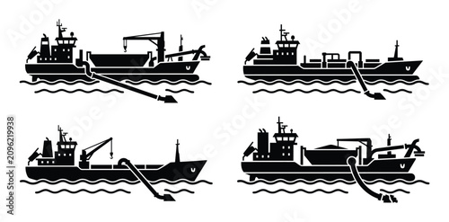 Set of four black silhouette icons of trailing suction hopper dredger ships on the water