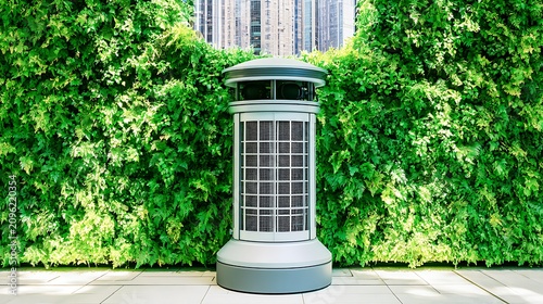 Modern metal trash bin standing in front of a green leafy plant wall in the city