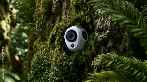 Modern 360 degree camera hidden in a green forest tree