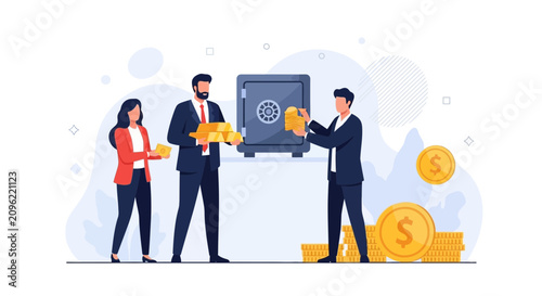 Business People Depositing Gold Bars and Coins into a Secure Safe, Illustrating Financial Security and Investment Growth