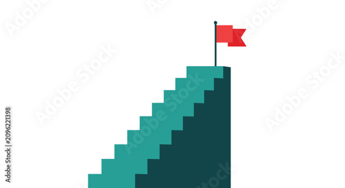 Turquoise stairs leading up to a red flag on the peak, illustrating career progress, milestone goals, and reaching success.