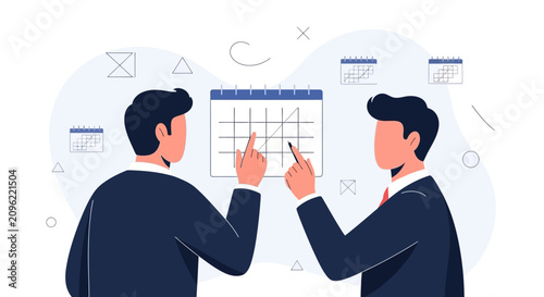 Businessmen Planning Schedule on Calendar Board, Teamwork Meeting and Strategy Concept