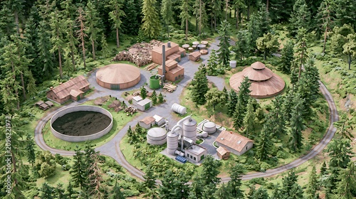 Aerial view of a water treatment plant building located in the middle of a green forest