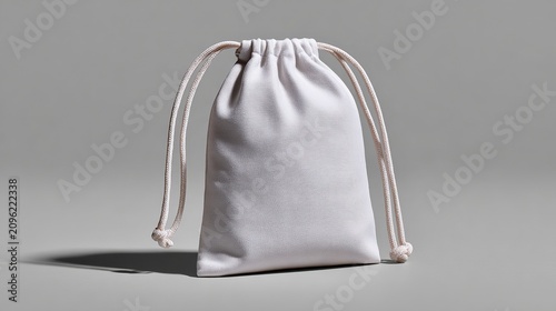 Simple White Drawstring Pouch: A plain white fabric drawstring pouch stands on a neutral surface, its cord cinched at the top, ready to hold small treasures or gifts.