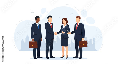 Diverse Business Professionals Shaking Hands in Cityscape Background - Agreement, Partnership, Success