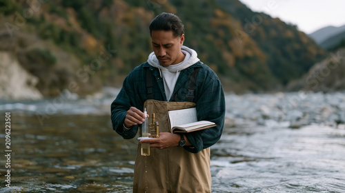 Maori marine biologist in waders stands mid-stream in mountain river, holding water-quality testing kit above current, field journal open against forearm, desolate river valley