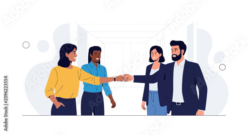 Diverse colleagues collaborating and fist bumping in modern office setting, celebrating success and teamwork.