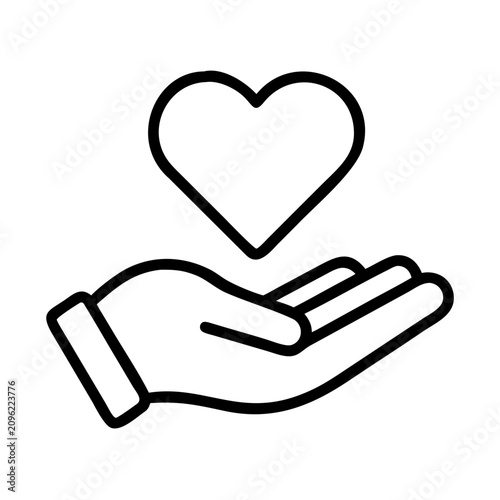 Hand holding heart icon in palm - A simple black and white vector illustration of an open hand gently holding a heart icon, symbolizing love and care.