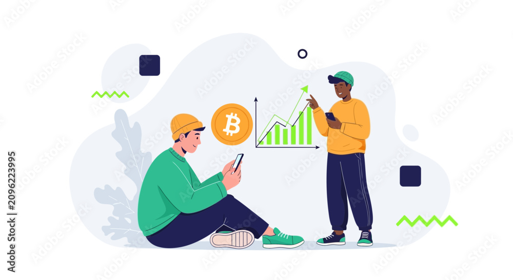 Obraz premium Diverse investors analyze Bitcoin crypto chart on smartphones, showcasing financial growth and investment strategy