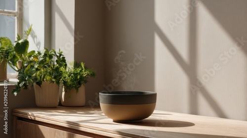 A warm bowl of steaming herbal tea sits on a wooden table. Sunlight streams through a window, illuminating green plants in the background.